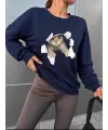 Kadın Uzun Kollu Bisiklet Yaka Kedi Desenli Viskon Iki Iplik Bluz