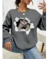 Kadın Uzun Kollu Bisiklet Yaka Kedi Desenli Viskon Iki Iplik Bluz