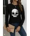 Kadın Uzun Kollu Bisiklet Yaka Kurukafa Desenli Viskon Bluz