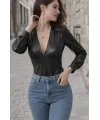 Kadın Uzun Kollu Derin V Yakalı Deri Zıbın