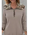 Kadın Uzun Kollu Leopar Yakalı Fermuarlı Waffle Bluz