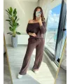 Kadın Uzun Kollu Tek Omuzdan Açık Modal Bluz Ve Pantolon Ikili Takım