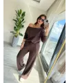 Kadın Uzun Kollu Tek Omuzdan Açık Modal Bluz Ve Pantolon Ikili Takım