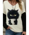 Kadın Uzun Kollu V Yakalı Kedi Baskılı şardonlu Dalgıç Bluz