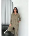 Kadın Yakalı Düğmeli Uzun Kollu Gömlek Pantolon ikili Takım - Bej