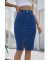 Kadın Yüksek Bel önden Yırtmaçlı Kısa Kot Etek