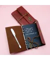 Kahverengi Siyah Yapraklı Deri Defter Ve Beyaz Jel Kalem Set