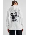 Kapüşonlu Sırt Baskılı Üç İplik Oversize Sweatshirt - Beyaz