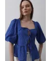 Kare Yaka Balon Kol Bluz - Mavi