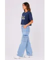 Kedi Baskılı Oversize Crop Tişört Salaş Basic Yarım Kol T-shirt - Lacivert