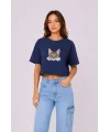 Kedi Baskılı Oversize Crop Tişört Salaş Basic Yarım Kol T-shirt - Lacivert