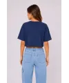 Kedi Baskılı Oversize Crop Tişört Salaş Basic Yarım Kol T-shirt - Lacivert