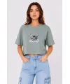 Kedi Baskılı Oversize Crop Tişört Salaş Basic Yarım Kol T-shirt - Mint Yeşili