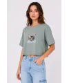 Kedi Baskılı Oversize Crop Tişört Salaş Basic Yarım Kol T-shirt - Mint Yeşili