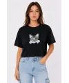 Kedi Baskılı Oversize Crop Tişört Salaş Basic Yarım Kol T-shirt - Siyah