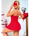 Kırmızı Göğüs Dekolteli Göz Bantlı Fantezi String Tül Gecelik Takımı