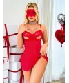 Kırmızı Göğüs Dekolteli Göz Bantlı Fantezi String Tül Gecelik Takımı