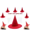 Kırmızı Renk Keçe Cadı Şapkası Yetişkin Çocuk Uyumlu 6 Adet