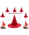 Kırmızı Renk Keçe Cadı Şapkası Yetişkin Çocuk Uyumlu 6 Adet