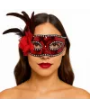 Kırmızı Renk Yandan Tüylü Güllü Gümüş Taşlı Pullu Maske 20x22 cm