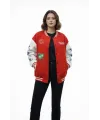 Kırmızı Varsity Çıtçıtlı Baskılı Oversize Kalıp Kolej Ceket - Kırmızı