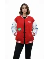 Kırmızı Varsity Çıtçıtlı Baskılı Oversize Kalıp Kolej Ceket - Kırmızı