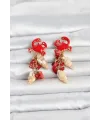 Kırmızı Yengeç Model Deniz Kabuğu Detaylı Kadın Küpe