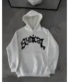 Kışlık Kapşonlu Baskılı Oversize SweatShirt- Beyaz