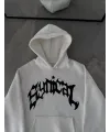 Kışlık Kapşonlu Baskılı Oversize SweatShirt- Beyaz