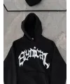 Kışlık Kapşonlu Baskılı Oversize SweatShirt- Siyah