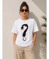 Kuğu Figürlü Soru İşareti Baskılı Tişört Kısa Kol T-Shirt - Beyaz