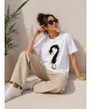 Kuğu Figürlü Soru İşareti Baskılı Tişört Kısa Kol T-Shirt - Beyaz