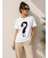 Kuğu Figürlü Soru İşareti Baskılı Tişört Kısa Kol T-Shirt - Beyaz