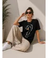 Kuğu Figürlü Soru İşareti Baskılı Tişört Kısa Kol T-Shirt - Siyah