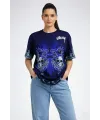 Lacivert Oversize Tişört Dragon - Kuru Kafa Baskılı Bisiklet Yaka T-Shirt - Lacivert