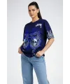 Lacivert Oversize Tişört Dragon - Kuru Kafa Baskılı Bisiklet Yaka T-Shirt - Lacivert