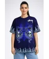 Lacivert Oversize Tişört Dragon - Kuru Kafa Baskılı Bisiklet Yaka T-Shirt - Lacivert