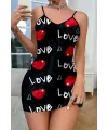 Love Desenli Siyah Saten Gecelik