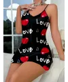 Love Desenli Siyah Saten Gecelik