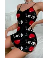 Love Desenli Siyah Saten Gecelik