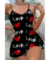 Love Desenli Siyah Saten Gecelik