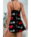 Love Desenli Siyah Saten Gecelik
