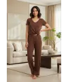  Kadın Kahve Yumuşak Dokulu Minimal V Yaka Üst Basic Günlük Şık Bluz