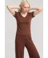  Kadın Kahve Yumuşak Dokulu Minimal V Yaka Üst Basic Günlük Şık Bluz
