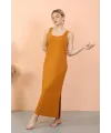  Kadın Kalın Askılı Yırtmaçlı Uzun Hardal Gecelik