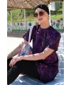  Kısa Kol Güllü Yarım Tesettür Mayo Mor
