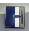 Mavi Beyaz Deri Kapaklı Defter Ve Metal Kalem Set