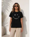 Minimal Gülümseyen Yüz Baskılı Tişört Kısa Kol Yazlık T-Shirt - Siyah