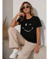 Minimal Gülümseyen Yüz Baskılı Tişört Kısa Kol Yazlık T-Shirt - Siyah
