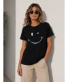 Minimal Gülümseyen Yüz Baskılı Tişört Kısa Kol Yazlık T-Shirt - Siyah